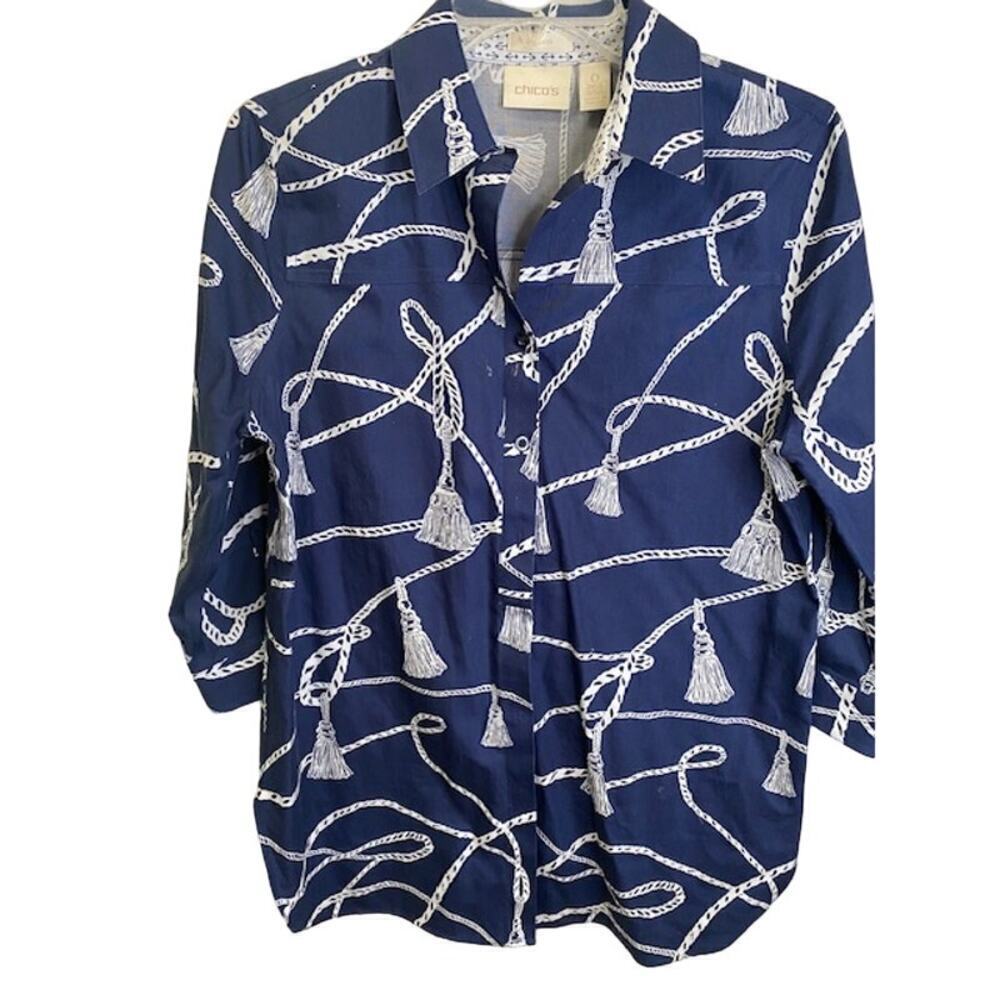 Chico's Casual Geometric Top Blouse Nautical Tassels Tunic Sz 0 (US‎ Small)
